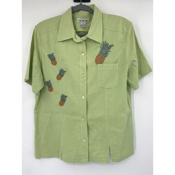 A.K.C. Lime Green Button Up Embroidered Pinapple Women's Blouse Size‎ XL - Picture 1 of 8